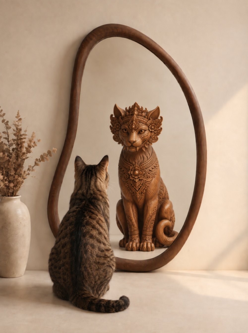 Un chat face à un miroir dans lequel se reflète une statue de chat divinité
